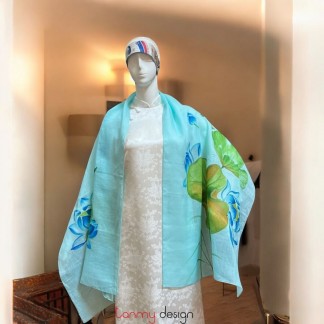 Mint blue ramie scarf hand-painted with lotus 70*190cm